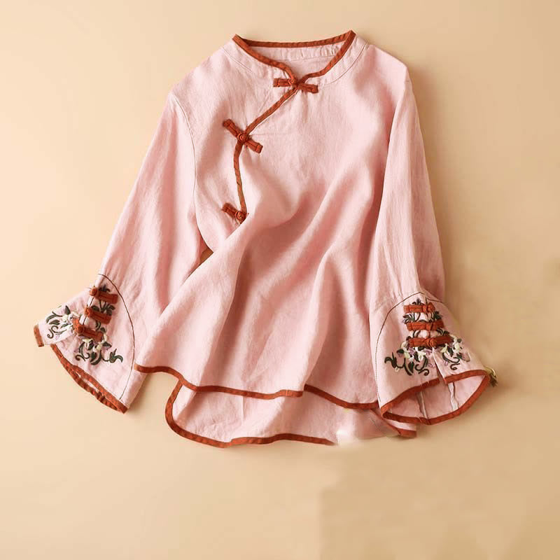 Camicia da donna in cotone e lino a maniche lunghe con ricamo floreale retrò Buddha Stones - Rosa - US12, UK/AU16, EU44 (4XL) - image 13