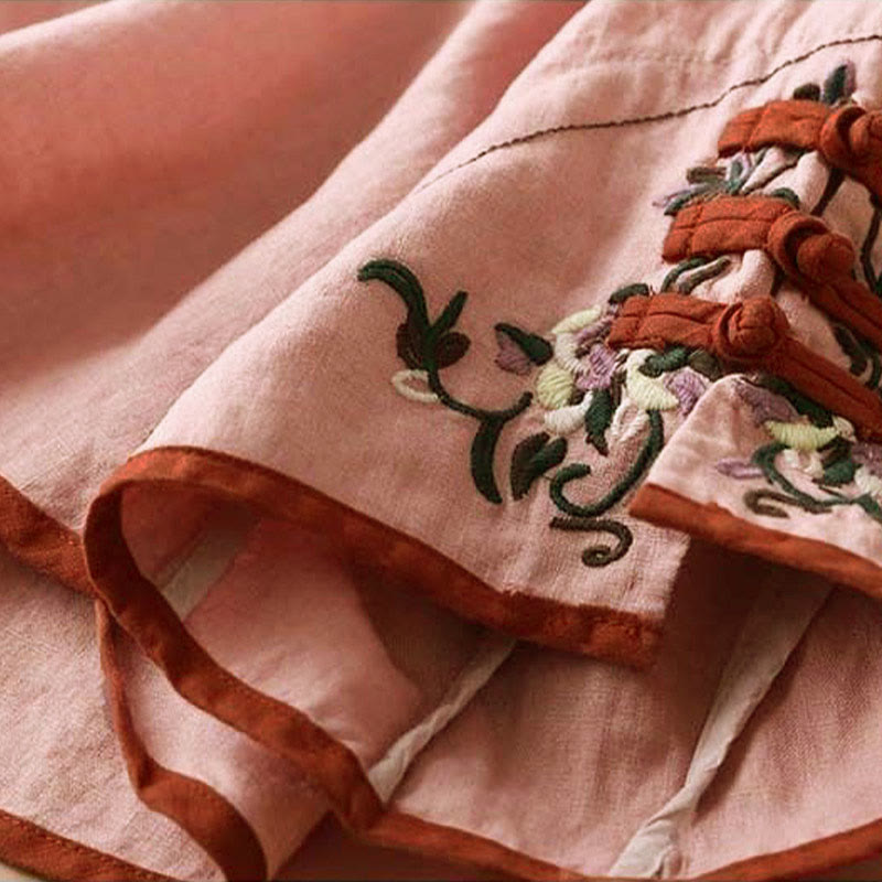 Camicia da donna in cotone e lino a maniche lunghe con ricamo floreale retrò Buddha Stones - image 15