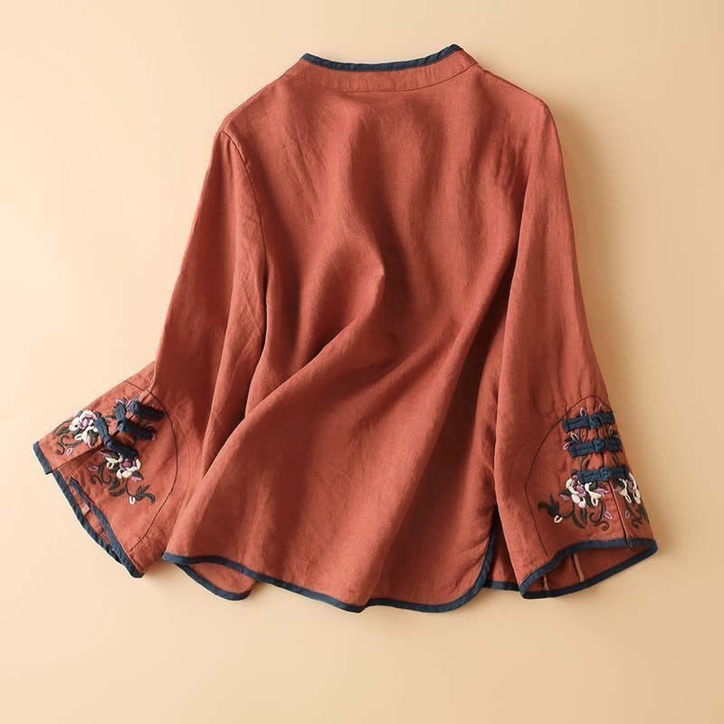 Camicia da donna a maniche lunghe con ricamo floreale retrò Buddha Stones. - image 1
