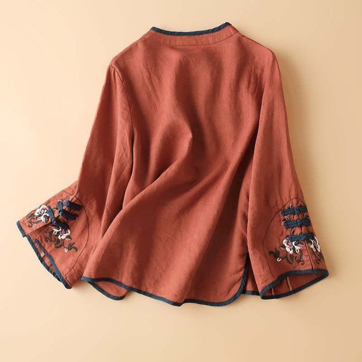 Camicia da donna a maniche lunghe con ricamo floreale retrò Buddha Stones. - image 1