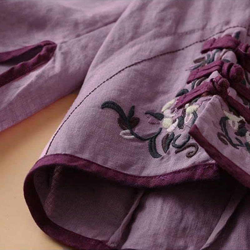 Camicia da donna in cotone e lino a maniche lunghe con ricamo floreale retrò Buddha Stones - image 21