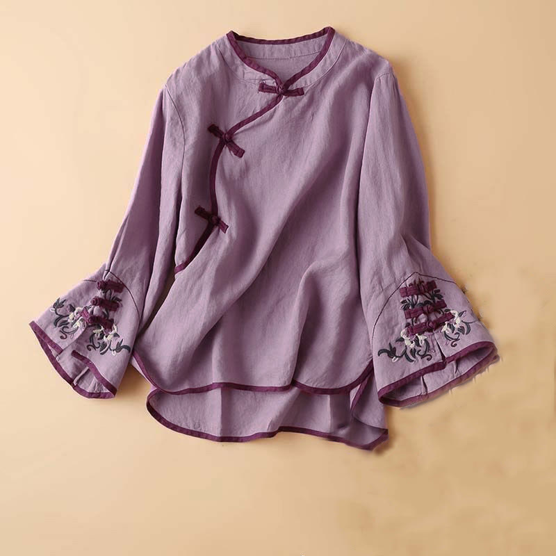 Camicia da donna in cotone e lino a maniche lunghe con ricamo floreale retrò Buddha Stones - Viola - US14, UK/AU18, EU46 (4XL) - image 17