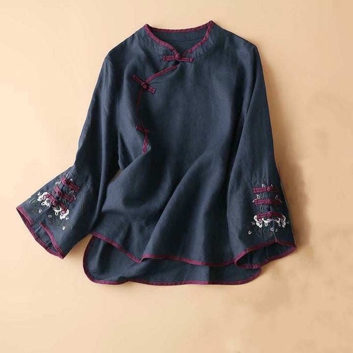 Camicia da donna a maniche lunghe con ricamo floreale retrò Buddha Stones. - Blu ardesia scuro - US12, UK/AU16, EU44 (4XL) - image 21