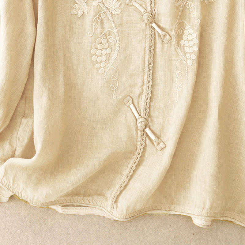 Buddha Stones Camicia da donna in cotone con maniche a tre quarti, motivo a uva ricamata, design in pizzo e bottoni a rana - image 6