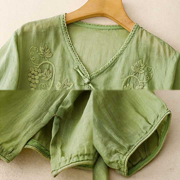 Buddha Stones Camicia da donna in cotone con maniche a tre quarti, motivo a uva ricamata, design in pizzo e bottoni a rana - image 3