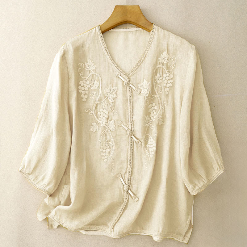 Buddha Stones Camicia da donna in cotone con maniche a tre quarti, motivo a uva ricamata, design in pizzo e bottoni a rana - Verga d'oro chiaraGiallo - US8-10, UK/AU12-14, EU40-42 (2XL) - image 5