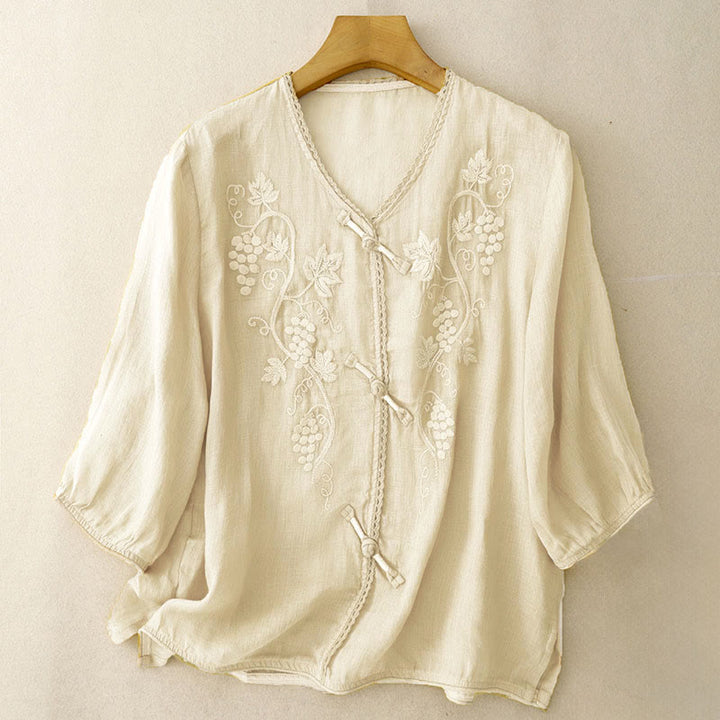 Buddha Stones Camicia da donna in cotone con maniche a tre quarti, motivo a uva ricamata, design in pizzo e bottoni a rana - Verga d'oro chiaraGiallo - US8-10, UK/AU12-14, EU40-42 (2XL) - image 5
