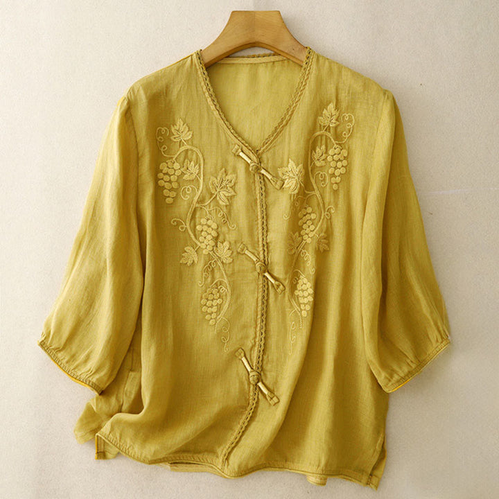 Buddha Stones Camicia da donna in cotone con maniche a tre quarti, motivo a uva ricamata, design in pizzo e bottoni a rana - Oro - US8-10, UK/AU12-14, EU40-42 (2XL) - image 9