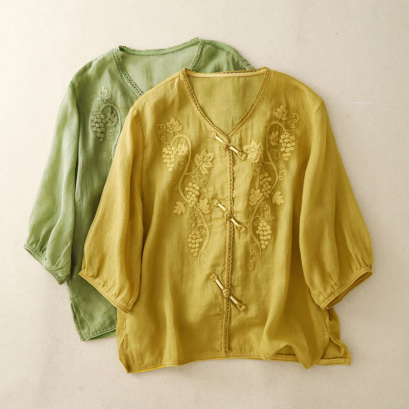 Buddha Stones Camicia da donna in cotone con maniche a tre quarti, motivo a uva ricamata, design in pizzo e bottoni a rana - image 14
