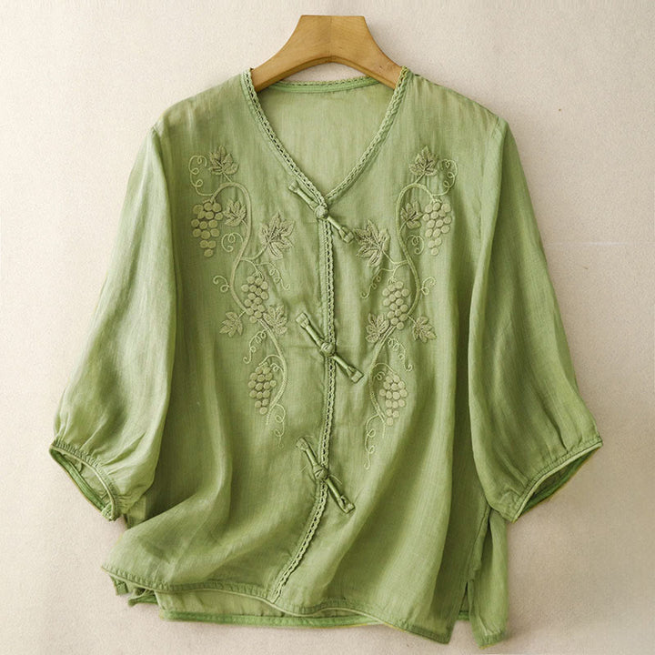 Buddha Stones Camicia da donna in cotone con maniche a tre quarti, motivo a uva ricamata, design in pizzo e bottoni a rana - Verde lime - US8-10, UK/AU12-14, EU40-42 (2XL) - image 0