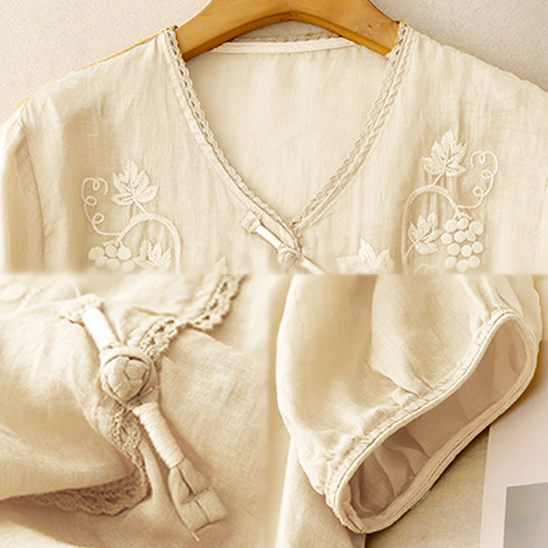 Buddha Stones Camicia da donna in cotone con maniche a tre quarti, motivo a uva ricamata, design in pizzo e bottoni a rana - image 8