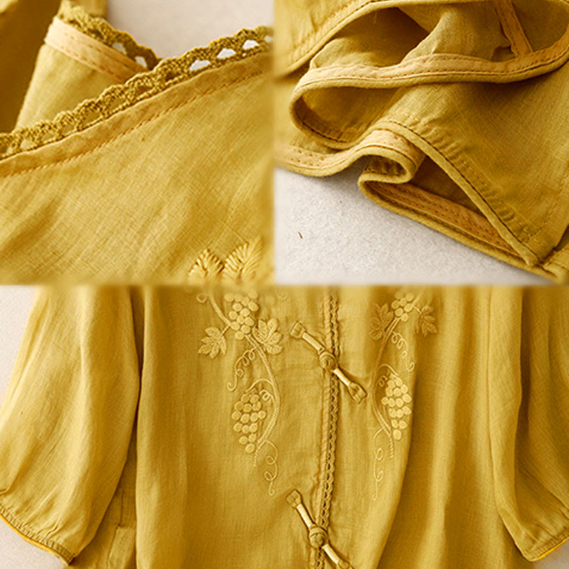 Buddha Stones Camicia da donna in cotone con maniche a tre quarti, motivo a uva ricamata, design in pizzo e bottoni a rana - image 13