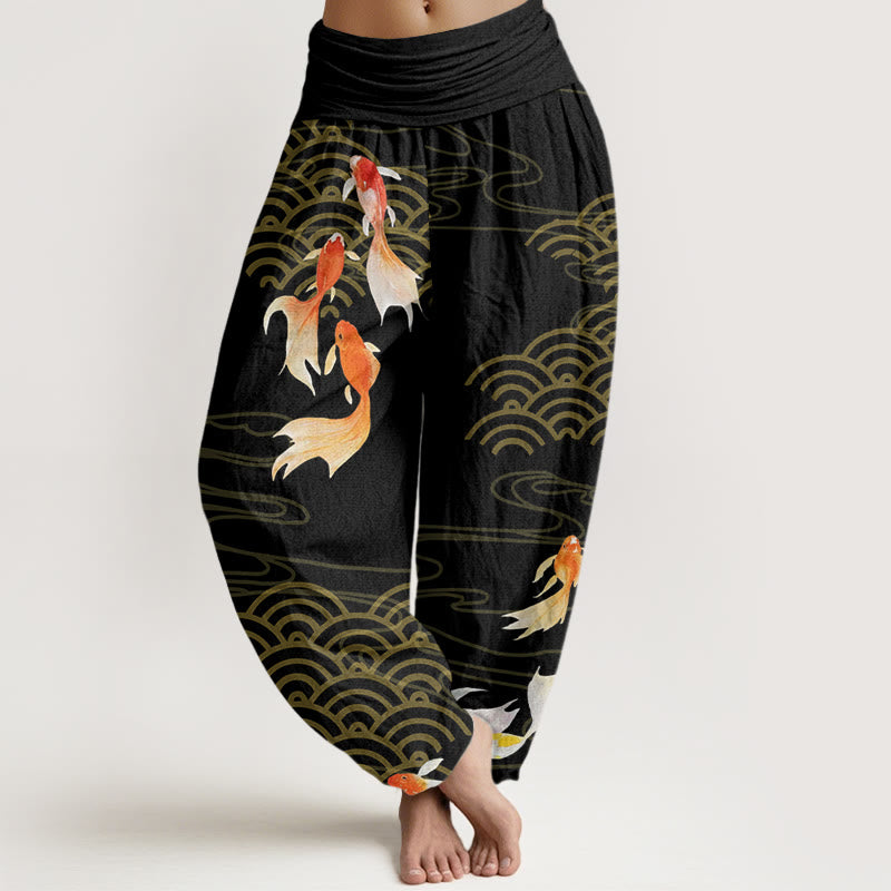 Pantaloni harem da donna con elastico in vita, in puro cotone, con motivo a ventaglio di pesci koi rossi e Buddha Stones - Nero - US16, UK/AU20, EU48 (3XL) - image 8