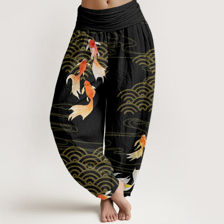 Pantaloni harem da donna con elastico in vita, in puro cotone, con motivo a ventaglio di pesci koi rossi e Buddha Stones - Nero - US16, UK/AU20, EU48 (3XL) - image 8