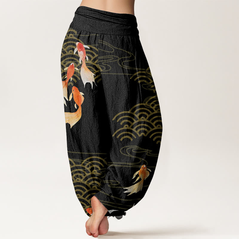 Pantaloni harem da donna con elastico in vita, in puro cotone, con motivo a ventaglio di pesci koi rossi e Buddha Stones - image 9