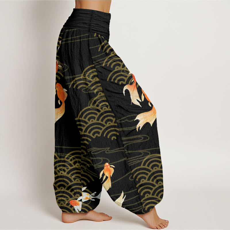 Pantaloni harem da donna con elastico in vita, in puro cotone, con motivo a ventaglio di pesci koi rossi e Buddha Stones - image 10