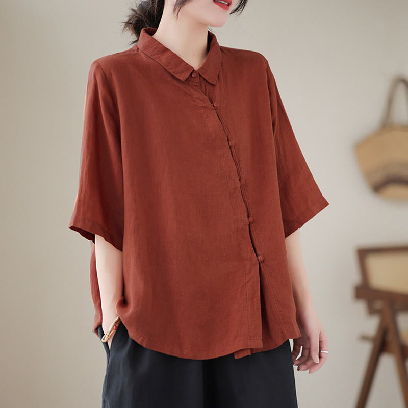 Buddha Stones Camicia da donna in cotone con maniche a tre quarti, bottoni a rana sul risvolto e abbottonatura diagonale - image 2