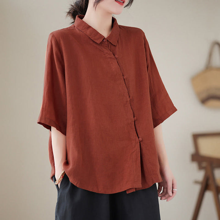 Buddha Stones Camicia da donna in cotone con maniche a tre quarti, bottoni a rana sul risvolto e abbottonatura diagonale - image 2