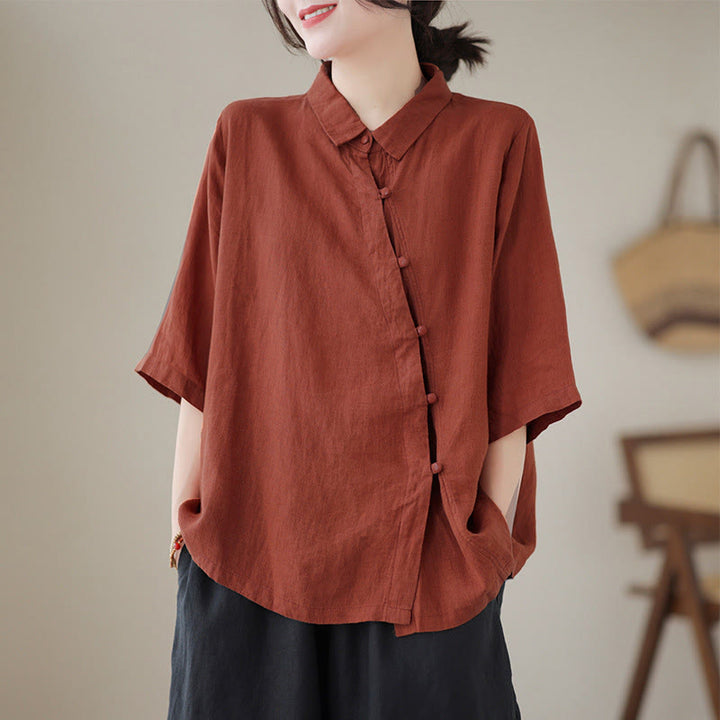 Buddha Stones Camicia da donna in cotone con maniche a tre quarti, bottoni a rana sul risvolto e abbottonatura diagonale - FireBrick - US8-10, UK/AU12-14, EU40-42 (2XL) - image 0