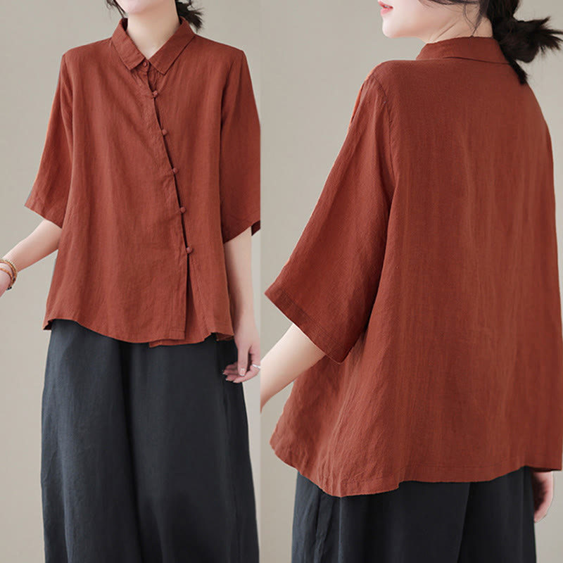 Buddha Stones Camicia da donna in cotone con maniche a tre quarti, bottoni a rana sul risvolto e abbottonatura diagonale - image 4