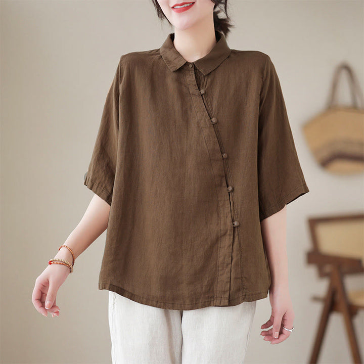 Buddha Stones Camicia da donna in cotone con maniche a tre quarti, bottoni a rana sul risvolto e abbottonatura diagonale - Marrone sella - US8-10, UK/AU12-14, EU40-42 (2XL) - image 13