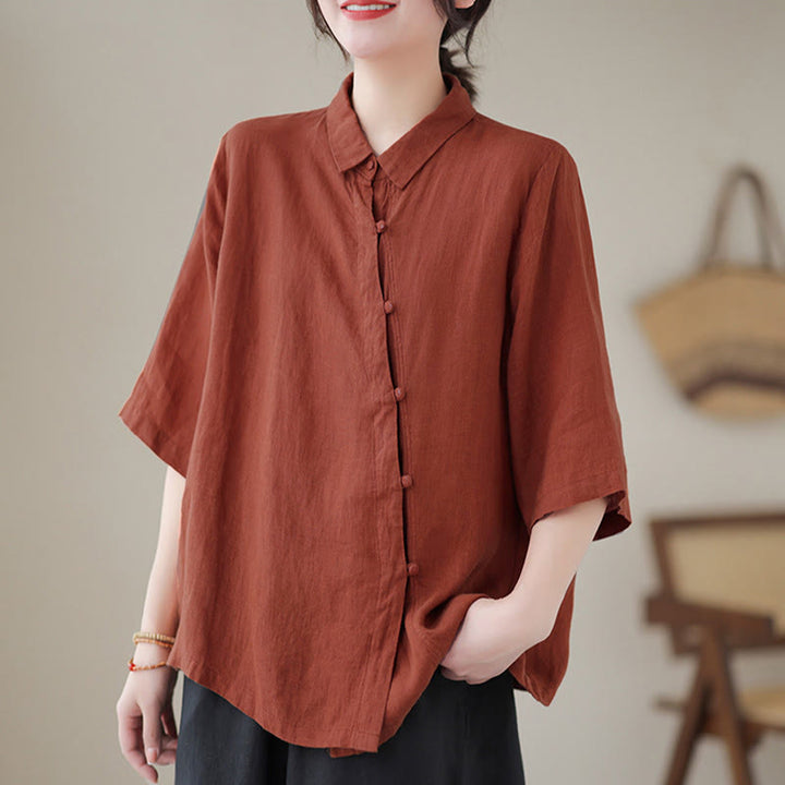 Buddha Stones Camicia da donna in cotone con maniche a tre quarti, bottoni a rana sul risvolto e abbottonatura diagonale - image 3