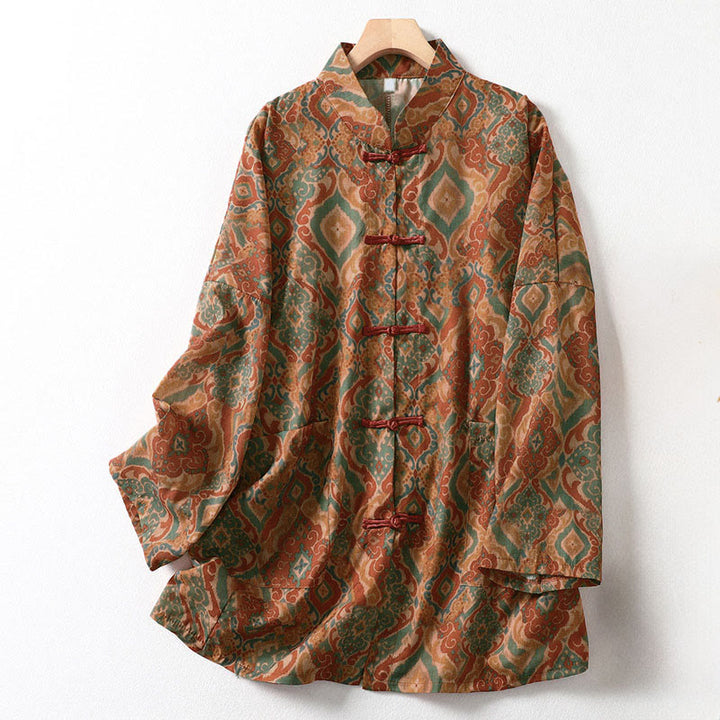 Buddha Stones Camicia da donna con colletto rialzato, maniche lunghe, bottoni cinesi e tasche, stampata - Perù - US12, UK/AU16, EU44 (XL) - image 0