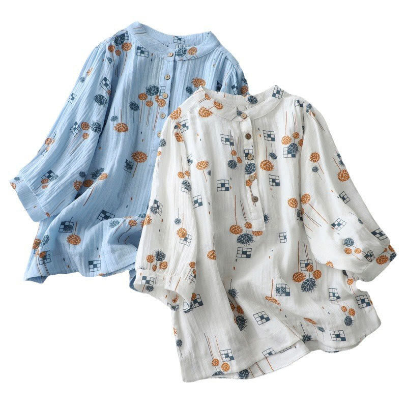 Buddha Stones Camicia da donna in cotone con maniche arricciate a tre quarti e design con bottoni stampati - image 21