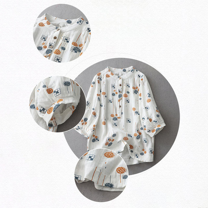 Buddha Stones Camicia da donna in cotone con maniche arricciate a tre quarti e design con bottoni stampati - image 10