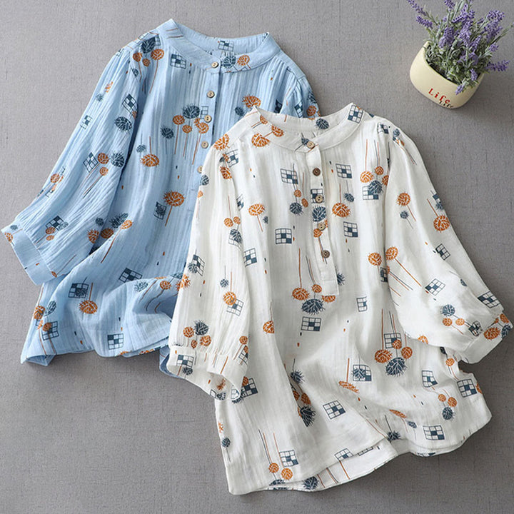 Buddha Stones Camicia da donna in cotone con maniche arricciate a tre quarti e design con bottoni stampati - image 18