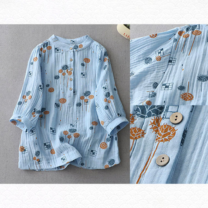 Buddha Stones Camicia da donna in cotone con maniche arricciate a tre quarti e design con bottoni stampati - image 17