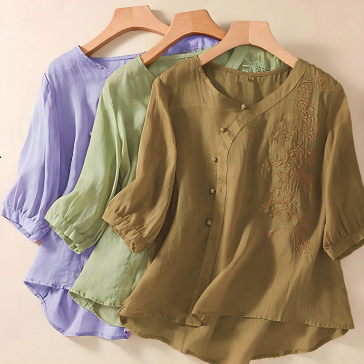 Camicia da donna a maniche corte con bottoni e rana, casual e ampia, con ricamo floreale Buddha Stones - image 9