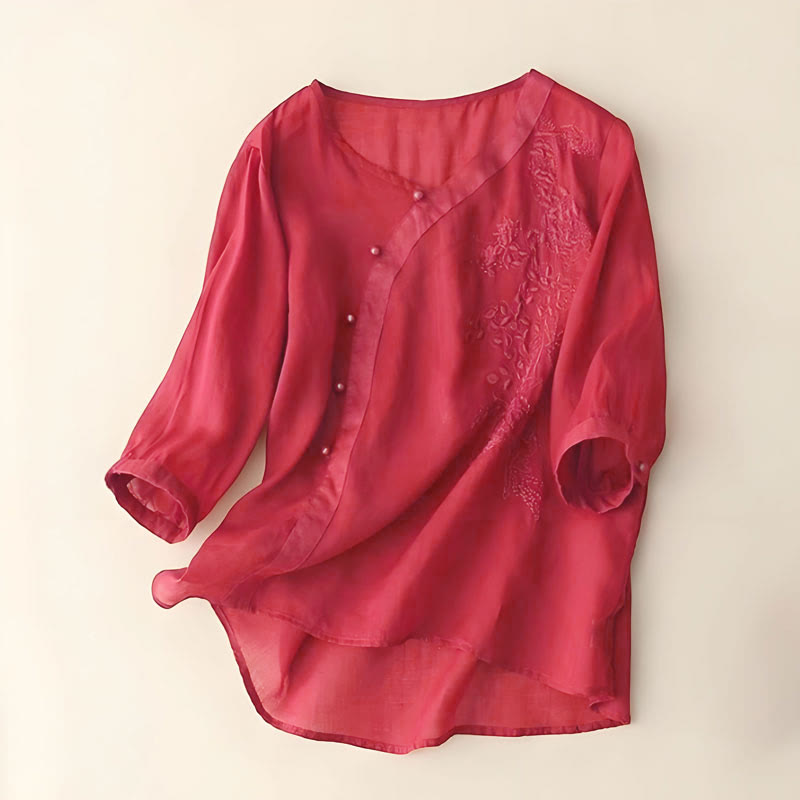 Camicia da donna a maniche corte con bottoni e rana, casual e ampia, con ricamo floreale Buddha Stones - FireBrick - US14, UK/AU18, EU46 (4XL) - image 4