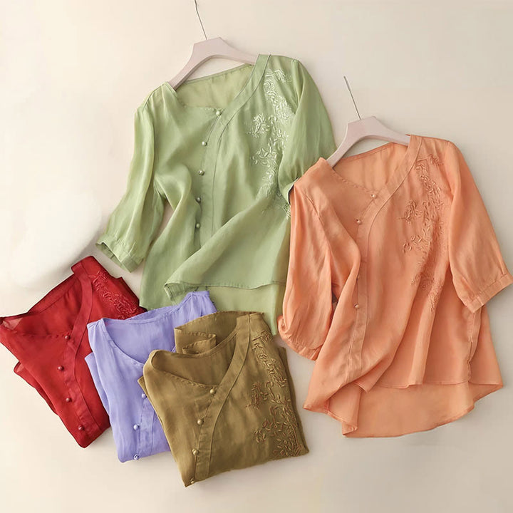 Camicia da donna a maniche corte con bottoni e rana, casual e ampia, con ricamo floreale Buddha Stones - image 8