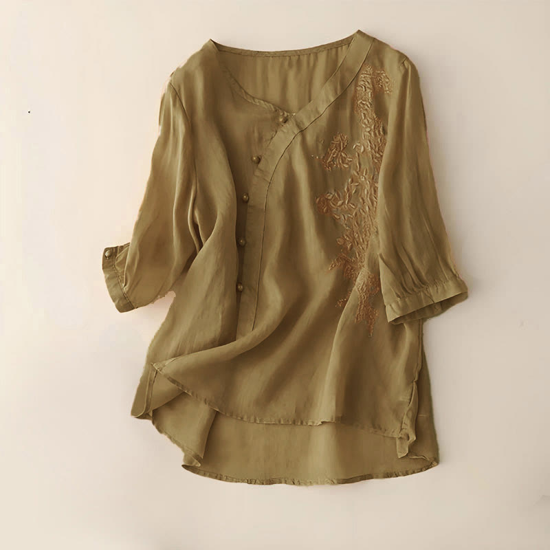 Camicia da donna a maniche corte con bottoni e rana, casual e ampia, con ricamo floreale Buddha Stones - DarkGoldenrod - US14, UK/AU18, EU46 (4XL) - image 5