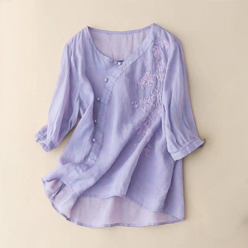 Camicia da donna a maniche corte con bottoni e rana, casual e ampia, con ricamo floreale Buddha Stones - Viola medio - US14, UK/AU18, EU46 (4XL) - image 2