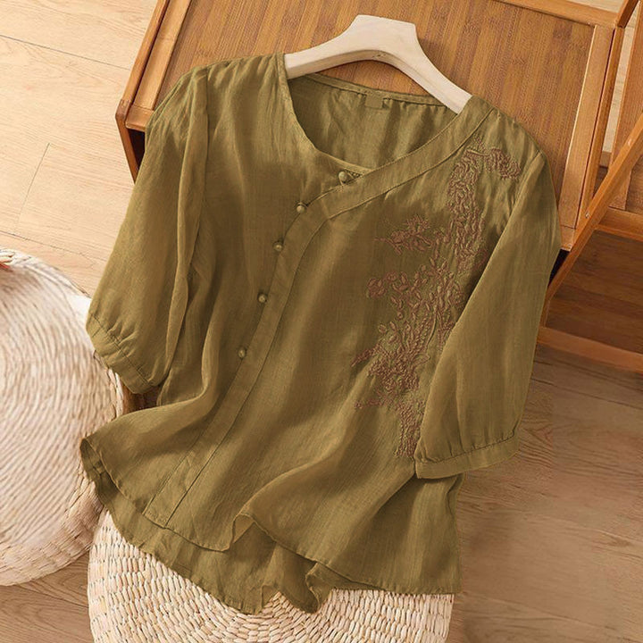 Camicia da donna a maniche corte con bottoni e rana, casual e ampia, con ricamo floreale Buddha Stones - image 6