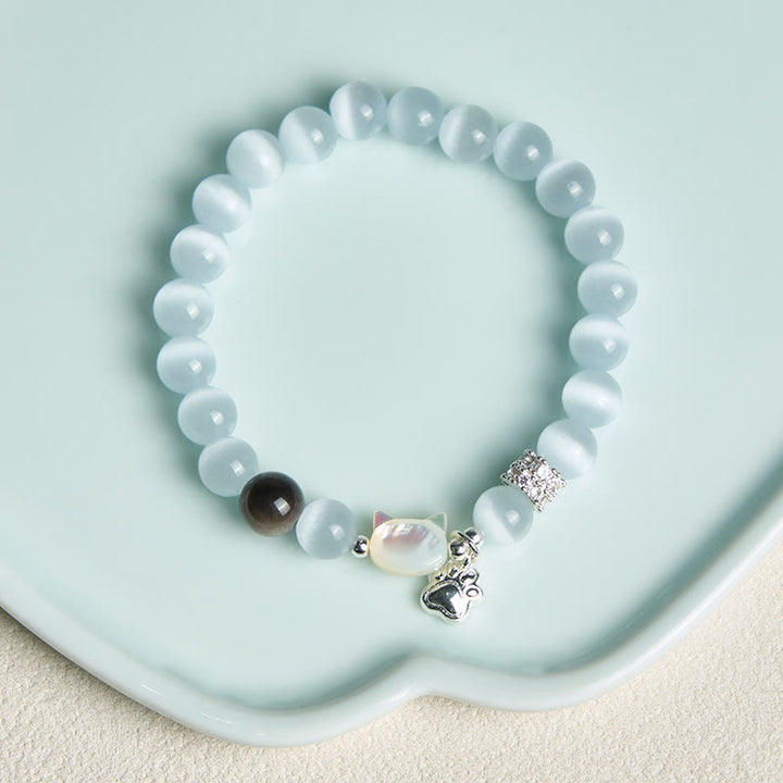 Buddha Stones Braccialetto positivo con testa di gatto e occhio di gatto bianco in ossidiana argentata lucida - image 3