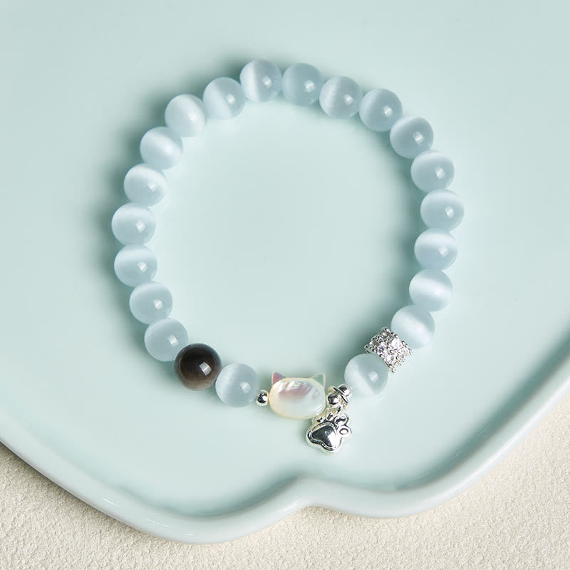 Buddha Stones Braccialetto positivo con testa di gatto e occhio di gatto bianco in ossidiana argentata lucida - image 3