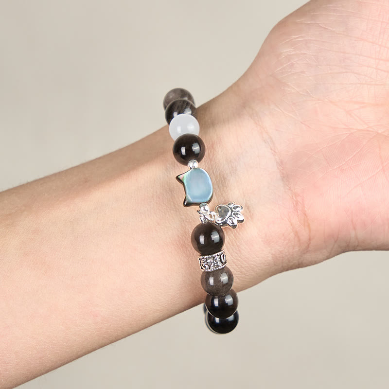 Buddha Stones Braccialetto positivo con testa di gatto e occhio di gatto bianco in ossidiana argentata lucida - image 12