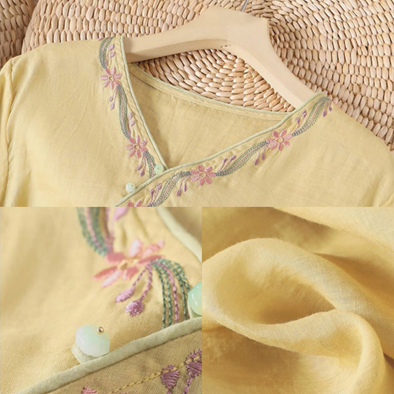 Camicia da donna in cotone con maniche a tre quarti, motivo Buddha Stones Spring Retro, ricamo con bottoni - image 5