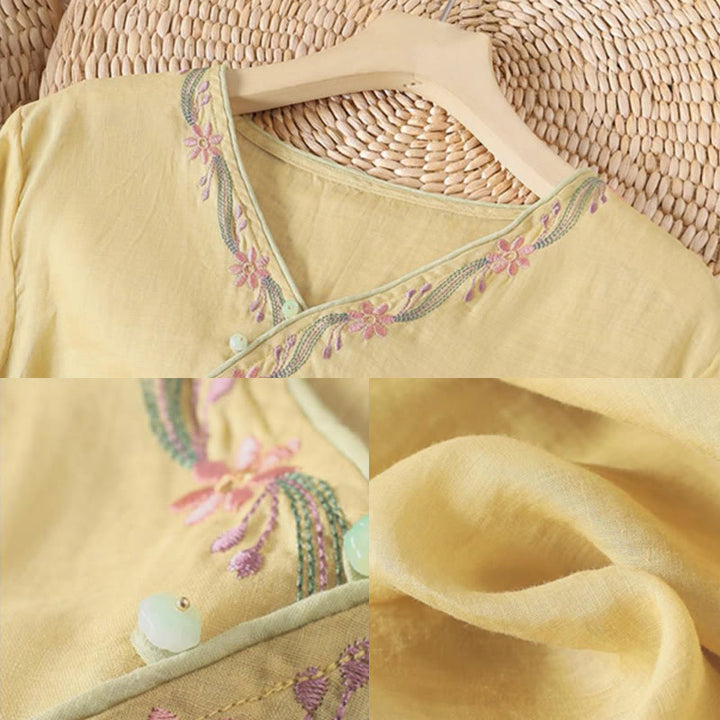 Camicia da donna in cotone con maniche a tre quarti, motivo Buddha Stones Spring Retro, ricamo con bottoni - image 5