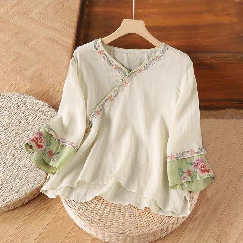 Camicia da donna in cotone con maniche a tre quarti, motivo Buddha Stones Spring Retro, ricamo con bottoni - Mandorle sbiancate - US12, UK/AU16, EU44 (4XL) - image 0
