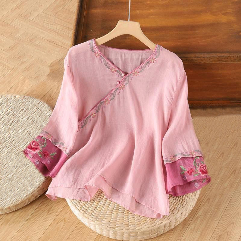 Camicia da donna in cotone con maniche a tre quarti, motivo Buddha Stones Spring Retro, ricamo con bottoni - Rosa chiaro - US12, UK/AU16, EU44 (4XL) - image 1