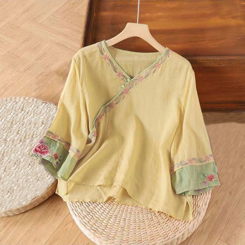 Camicia da donna in cotone con maniche a tre quarti, motivo Buddha Stones Spring Retro, ricamo con bottoni - Cachi - US12, UK/AU16, EU44 (4XL) - image 4