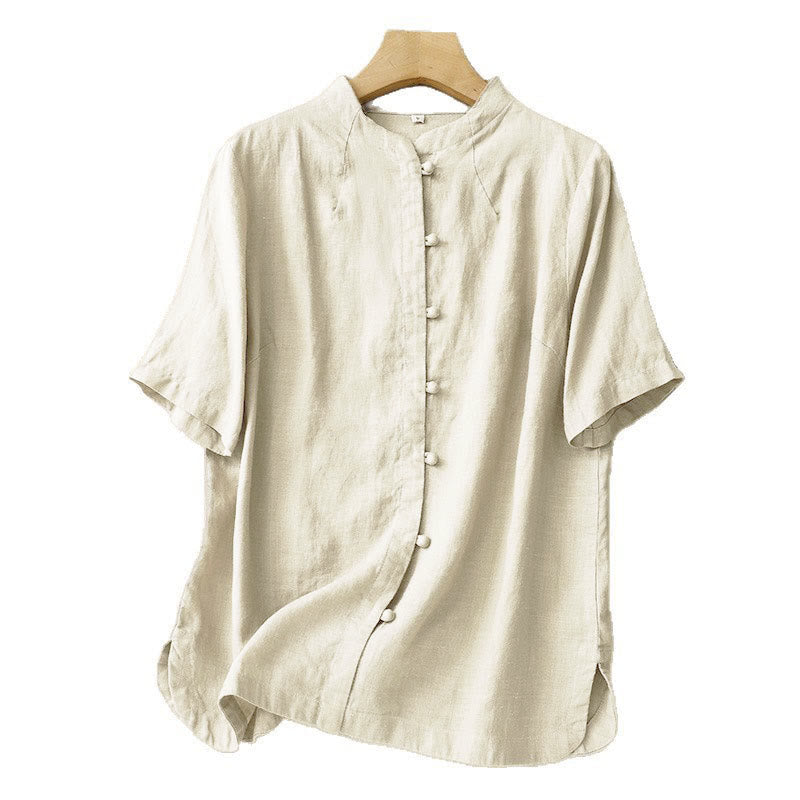Camicia da donna estiva Buddha Stones a maniche corte con colletto alla coreana, spacchi laterali e chiusura con bottoni a rana. - image 6