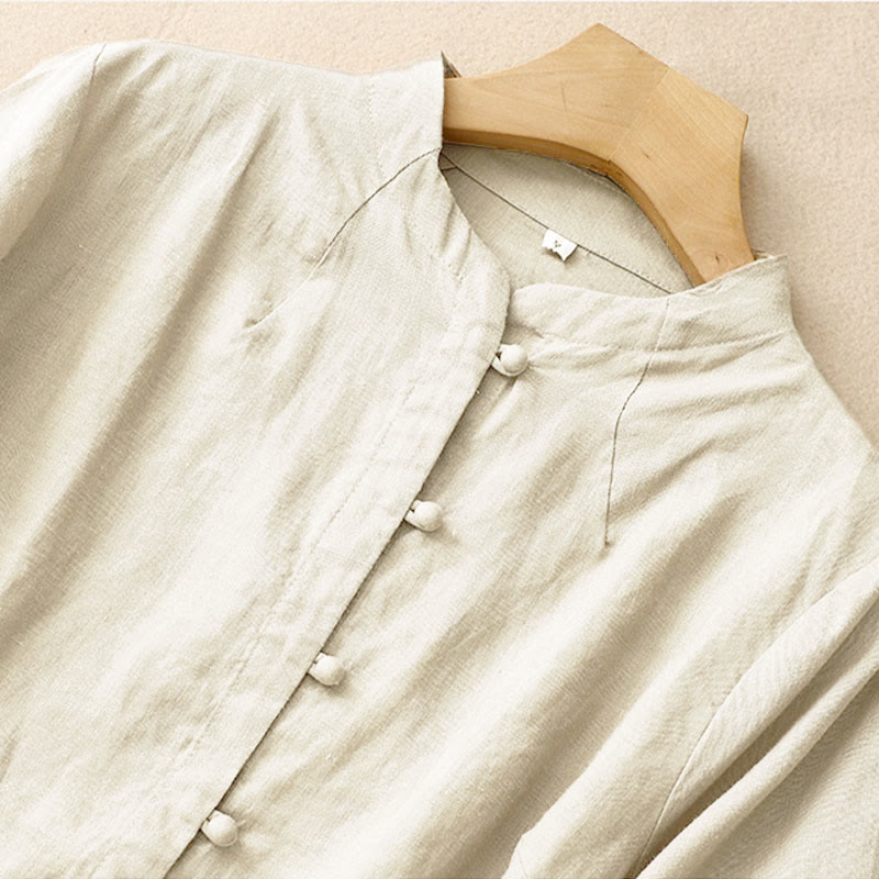 Buddha Stones Camicia estiva da donna in cotone a maniche corte con colletto rialzato, spacchi laterali e bottoni a rana - image 2