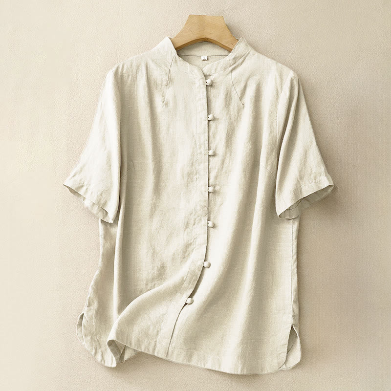 Camicia da donna estiva Buddha Stones a maniche corte con colletto alla coreana, spacchi laterali e chiusura con bottoni a rana. - Giallo chiaro - US8-10, UK/AU12-14, EU40-42 (2XL) - image 0