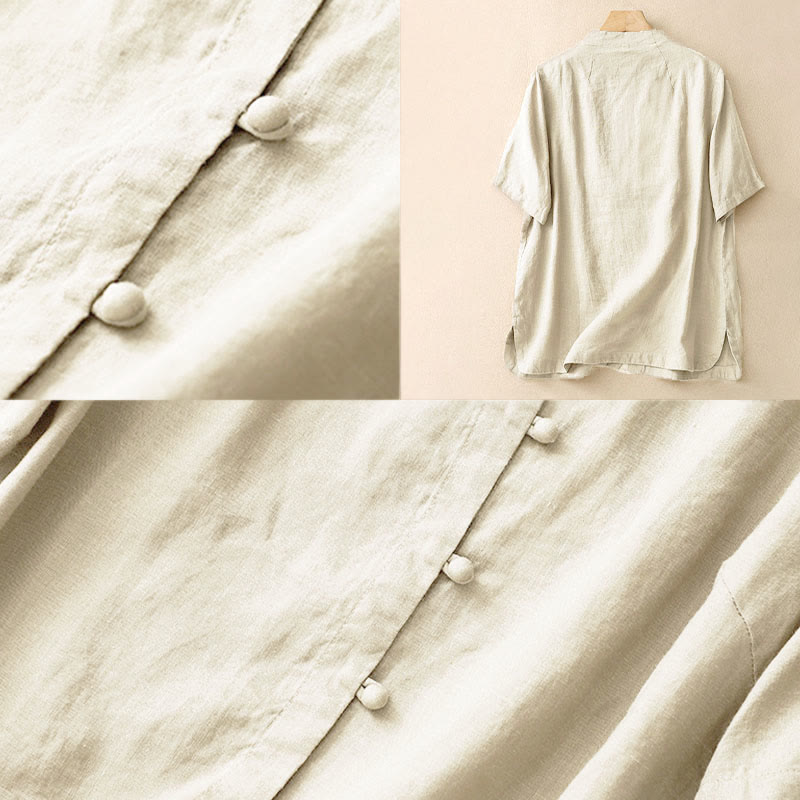 Buddha Stones Camicia estiva da donna in cotone a maniche corte con colletto rialzato, spacchi laterali e bottoni a rana - image 4