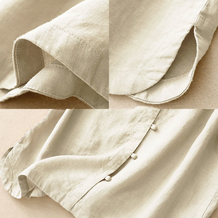 Camicia da donna estiva Buddha Stones a maniche corte con colletto alla coreana, spacchi laterali e chiusura con bottoni a rana. - image 5